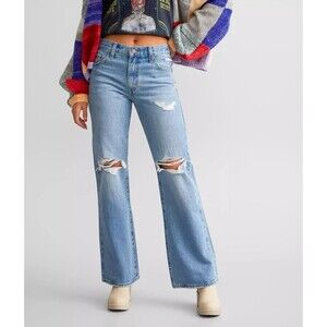 Levis Premium Women Baggy Boot Denim Jeans 26 Blue Distressed Mid Rise Loose New